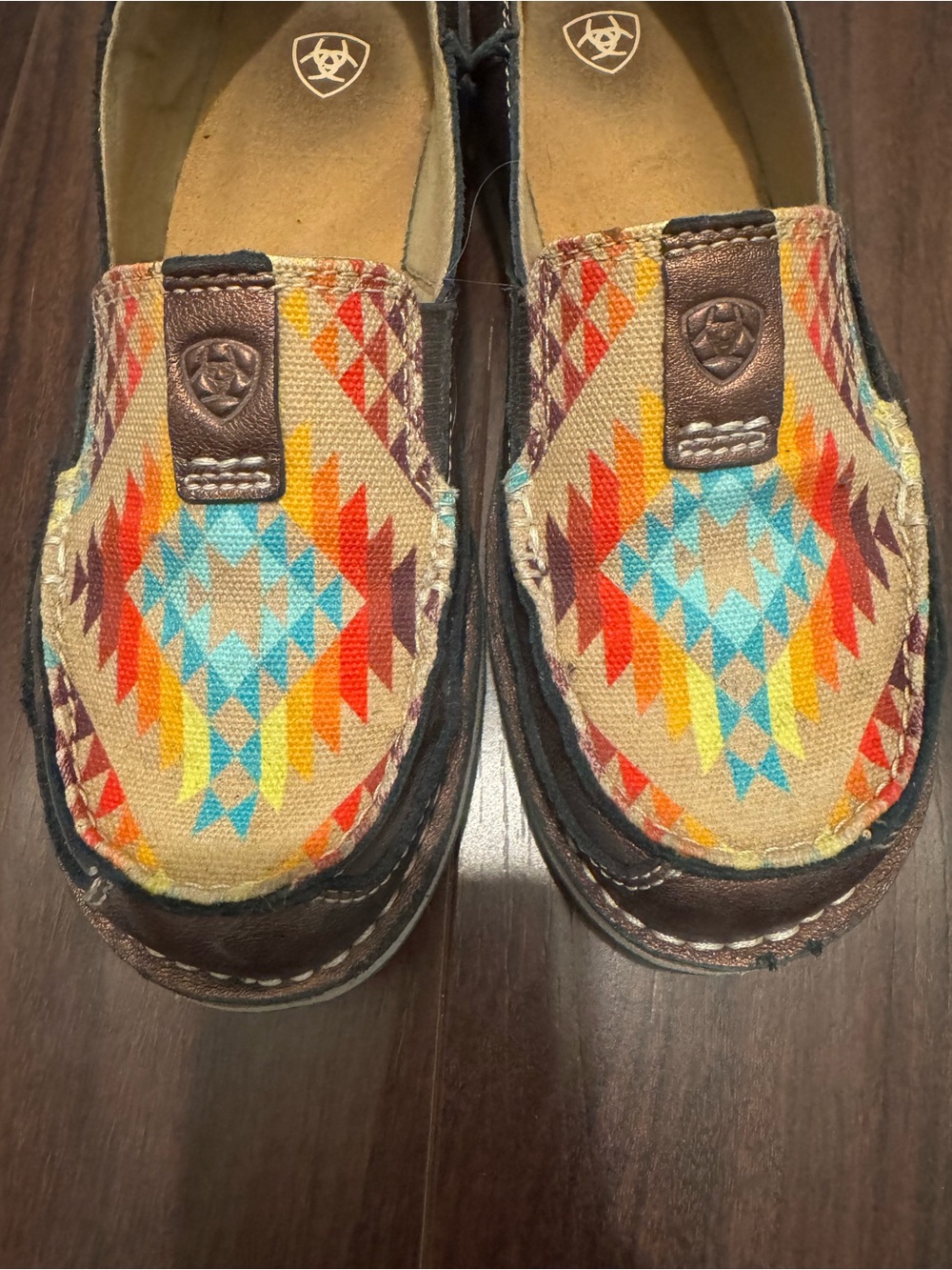 Ariat Moccasins in Turquoise, Red, Yellow & Brown Aztec Pattern - Picture 3 of 5